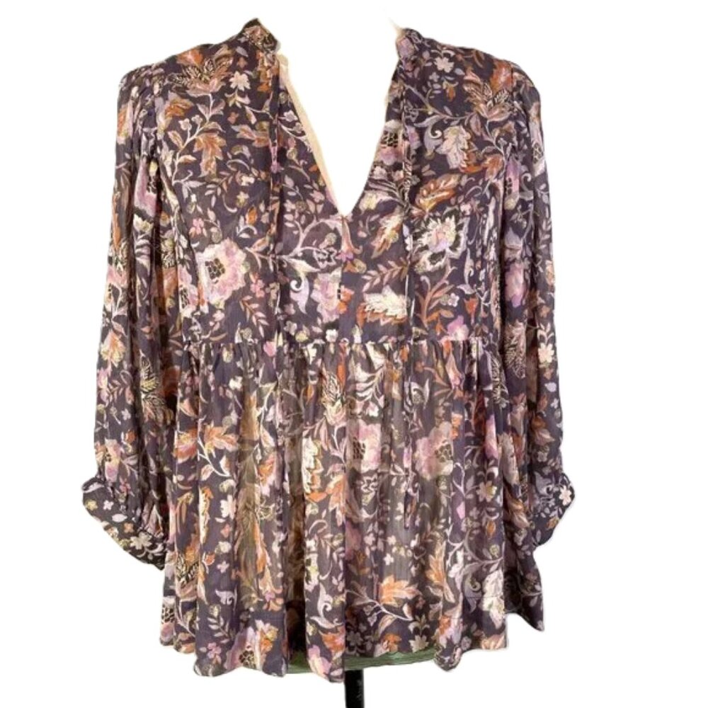 Dear John Malia Top Golden Iris Floral Multi Flowy Boho Semi Sheer Size S